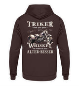 Ein Hoodie für Trike Fahrer von Wingbikers mit dem Aufdruck, Triker sind wie guter Whiskey - Wir werden mit dem Alter besser, als Back Print, in braun.