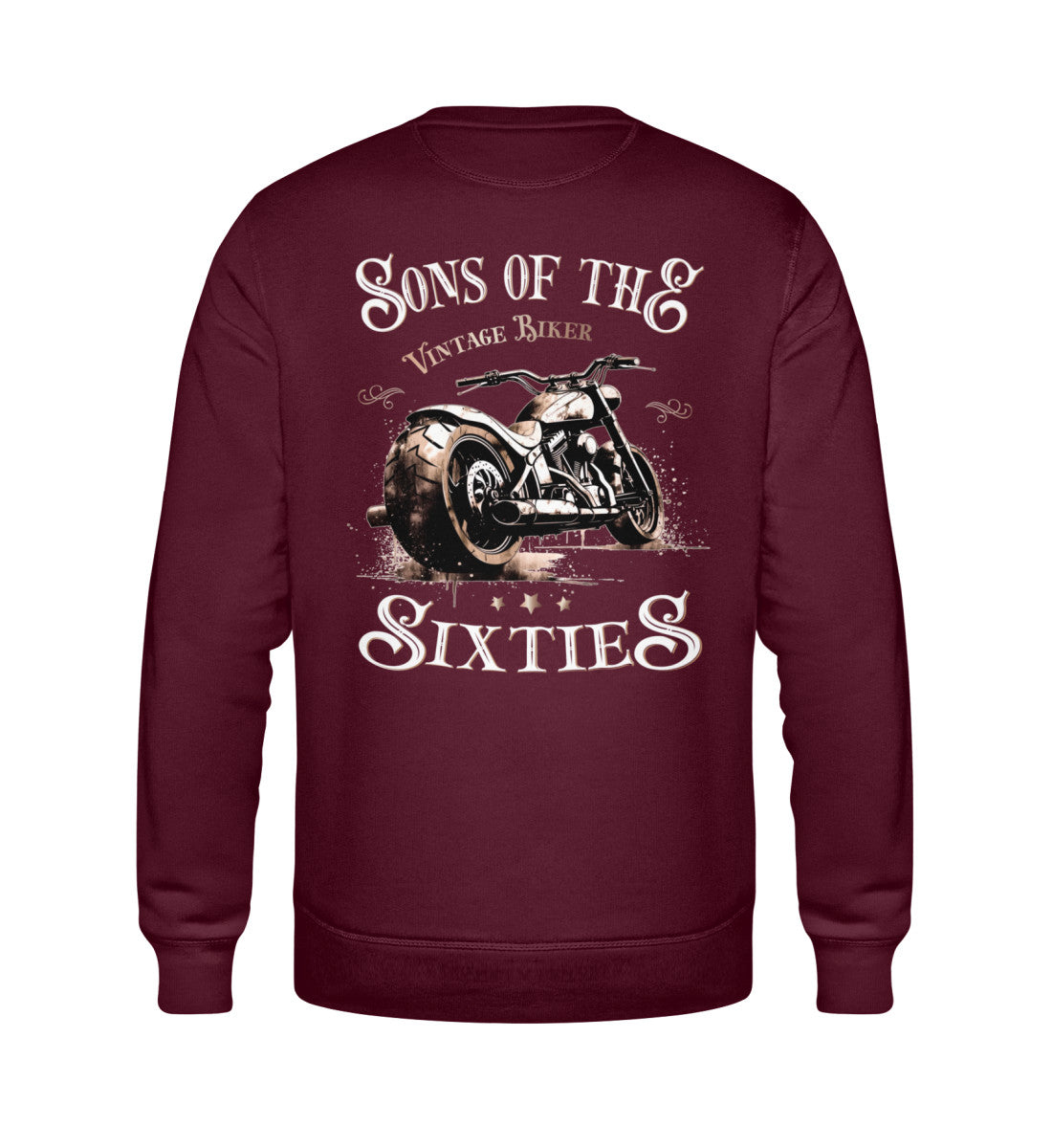 Ein Biker Sweatshirt für Motorradfahrer von Wingbikers mit dem Aufdruck, Sons of the Sixties - Vintage Biker, in burgunder weinrot.