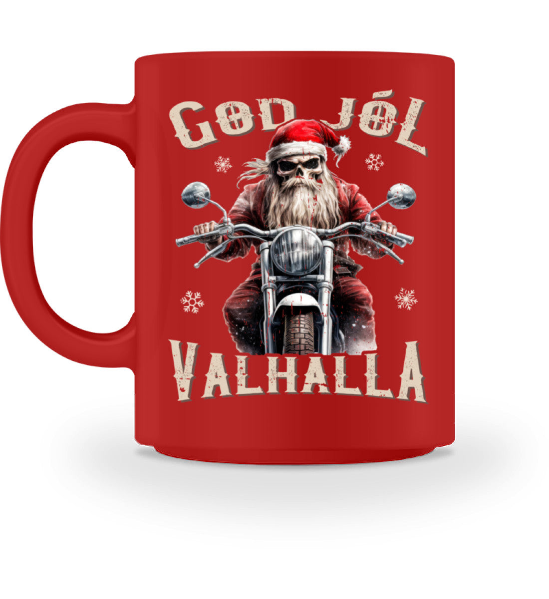 Eine weihnachtliche Tasse für Motorradfahrer von Wingbikers, mit dem beidseitigen Aufdruck, God Jól Valhalla, in rot.
