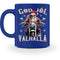 Eine weihnachtliche Tasse für Motorradfahrer von Wingbikers, mit dem beidseitigen Aufdruck, God Jól Valhalla, in royal blau.