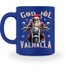 Eine weihnachtliche Tasse für Motorradfahrer von Wingbikers, mit dem beidseitigen Aufdruck, God Jól Valhalla, in royal blau.