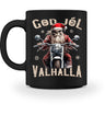 Eine weihnachtliche Tasse für Motorradfahrer von Wingbikers, mit dem beidseitigen Aufdruck, God Jól Valhalla, in schwarz.