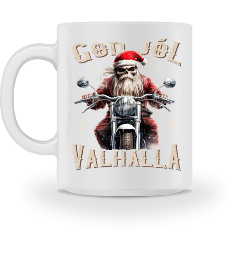 Eine weihnachtliche Tasse für Motorradfahrer von Wingbikers, mit dem beidseitigen Aufdruck, God Jól Valhalla, in weiß.