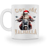 Eine weihnachtliche Tasse für Motorradfahrer von Wingbikers, mit dem beidseitigen Aufdruck, God Jól Valhalla, in weiß.