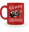 Eine Bikerin Geburtstags-Tasse für Motorradfahrerinnen, von Wingbikers, mit dem beidseitigen Aufdruck, Alte Bikerin - 70 Jahre - Einige Kilometer Runter - Doch elegant wie eh und je, in rot.