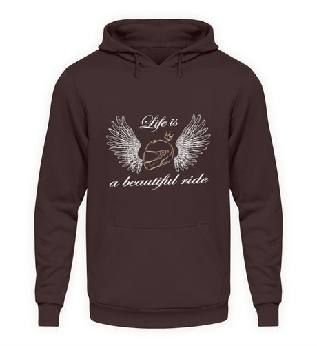 Ein Hoodie für Motorradfahrerinnen von Wingbikers mit dem Aufdruck, Life is a Beautiful Ride - leger geschnitten, in braun.