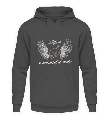 Ein Hoodie für Motorradfahrerinnen von Wingbikers mit dem Aufdruck, Life is a Beautiful Ride - leger geschnitten, in dunkelgrau.