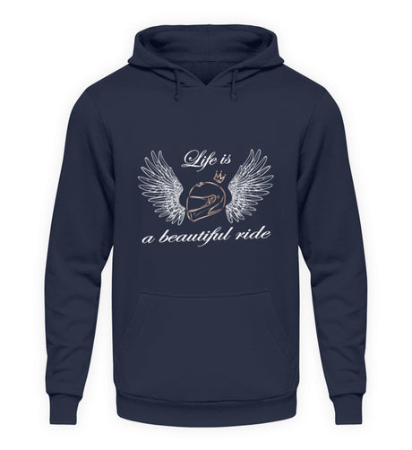 Ein Hoodie für Motorradfahrerinnen von Wingbikers mit dem Aufdruck, Life is a Beautiful Ride - leger geschnitten, in navy.