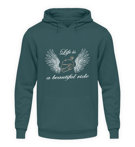 Ein Hoodie für Motorradfahrerinnen von Wingbikers mit dem Aufdruck, Life is a Beautiful Ride - leger geschnitten, in petrol türkis.