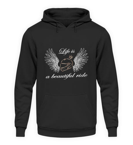 Ein Hoodie für Motorradfahrerinnen von Wingbikers mit dem Aufdruck, Life is a Beautiful Ride - leger geschnitten, in schwarz.