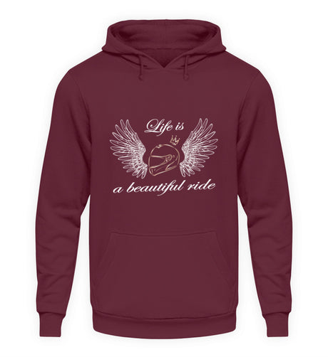 Ein Hoodie für Motorradfahrerinnen von Wingbikers mit dem Aufdruck, Life is a Beautiful Ride - leger geschnitten, in burgunder weinrot.