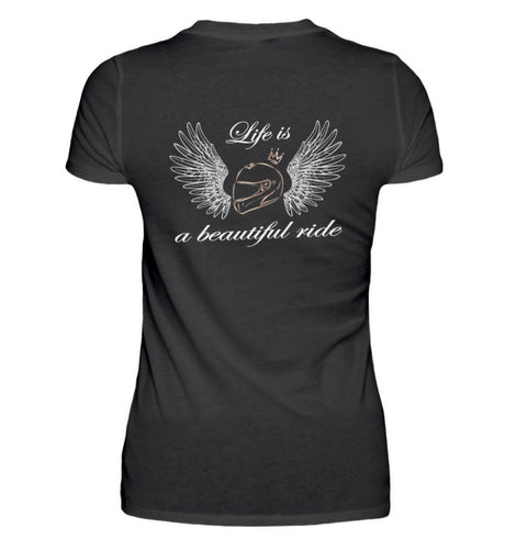 Ein T-Shirt für Motorradfahrerinnen von Wingbikers mit dem Aufdruck, Life is a Beautiful Ride - mit Back Print, in schwarz.