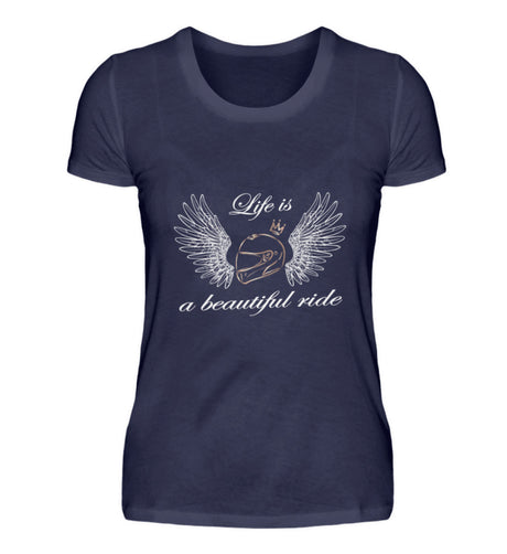 Ein T-Shirt für Motorradfahrerinnen von Wingbikers mit dem Aufdruck, Life is a Beautiful Ride - in navy.