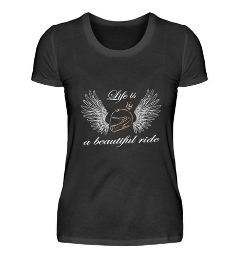 Ein T-Shirt für Motorradfahrerinnen von Wingbikers mit dem Aufdruck, Life is a Beautiful Ride - in schwarz.