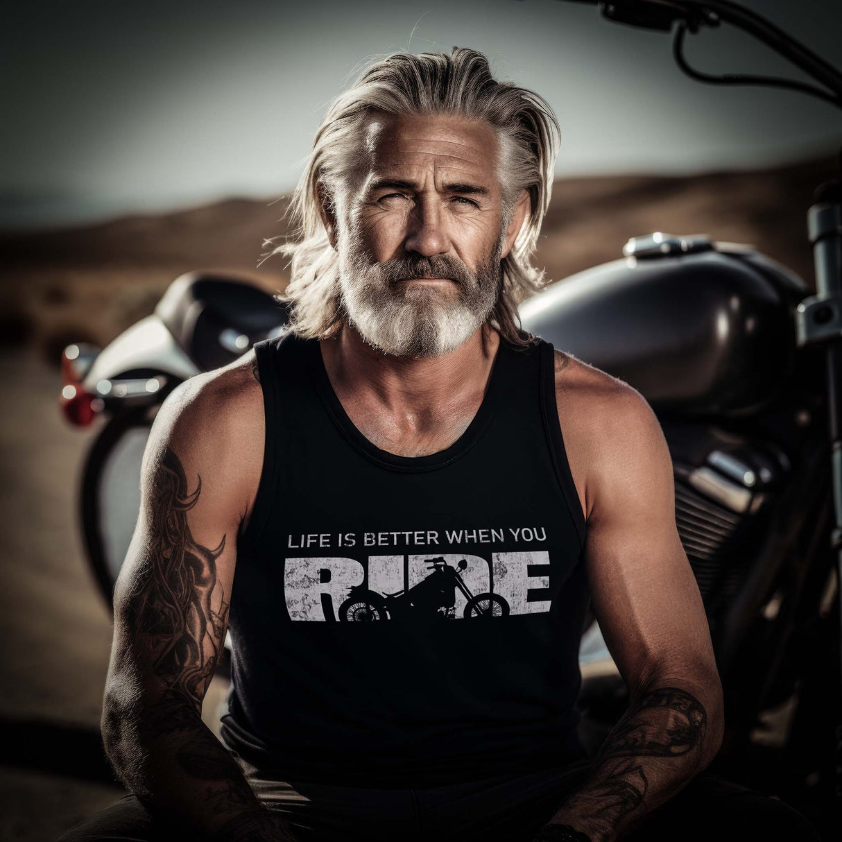 Ein Biker mit einem Tanktop für Motorradfahrer von Wingbikers mit dem Aufdruck, Life Is Better When You Ride - mit einem Motorrad, in schwarz.