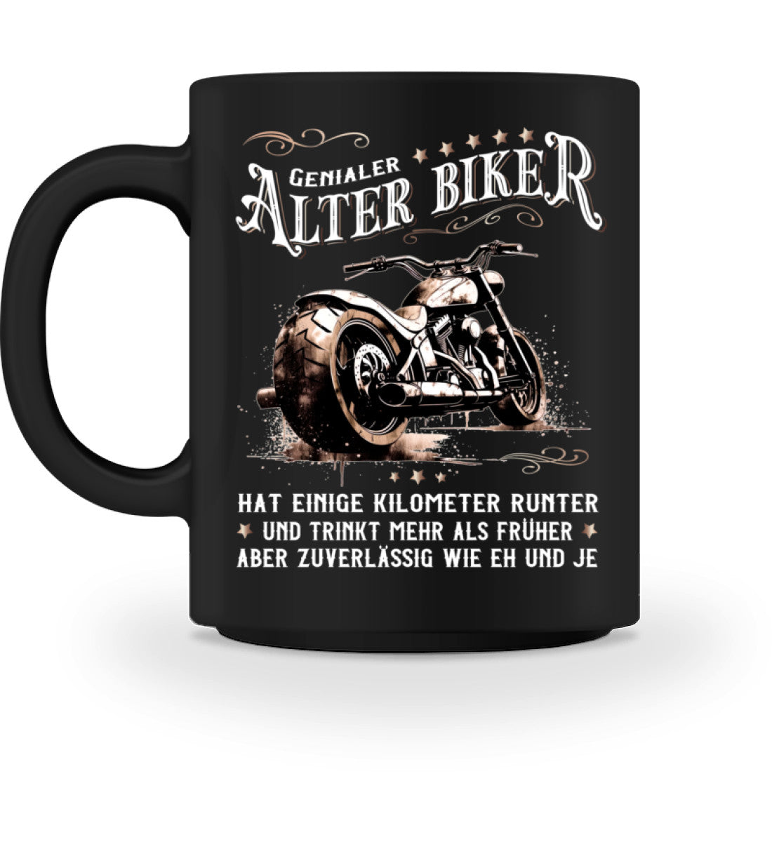 Eine Biker Tasse für Motorradfahrer, von Wingbikers, mit dem beidseitigen Aufdruck, Alter Biker - Einige Kilometer runter, trinkt mehr - aber zuverlässig wie eh und je, in schwarz.