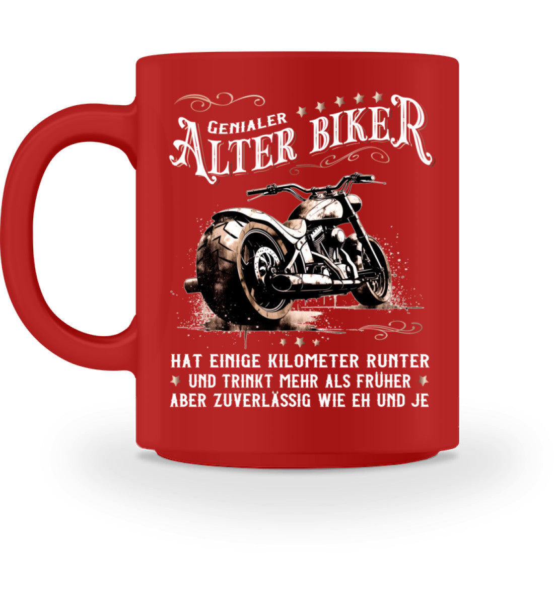 Eine Biker Tasse für Motorradfahrer, von Wingbikers, mit dem beidseitigen Aufdruck, Alter Biker - Einige Kilometer runter, trinkt mehr - aber zuverlässig wie eh und je, in rot.