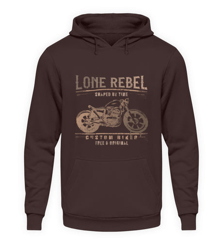 Ein Biker Hoodie für Motorradfahrer von Wingbikers mit dem Aufdruck, Lone Rebel - Shaped by time - Custom Biker, in braun.