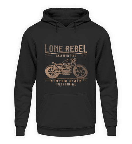 Ein Biker Hoodie für Motorradfahrer von Wingbikers mit dem Aufdruck, Lone Rebel - Shaped by time - Custom Biker, in schwarz.