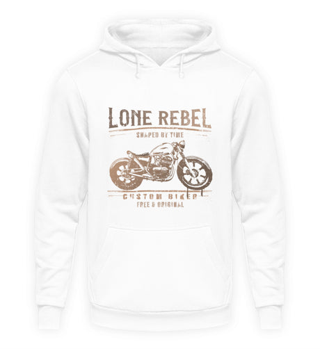 Ein Biker Hoodie für Motorradfahrer von Wingbikers mit dem Aufdruck, Lone Rebel - Shaped by time - Custom Biker, in weiß.