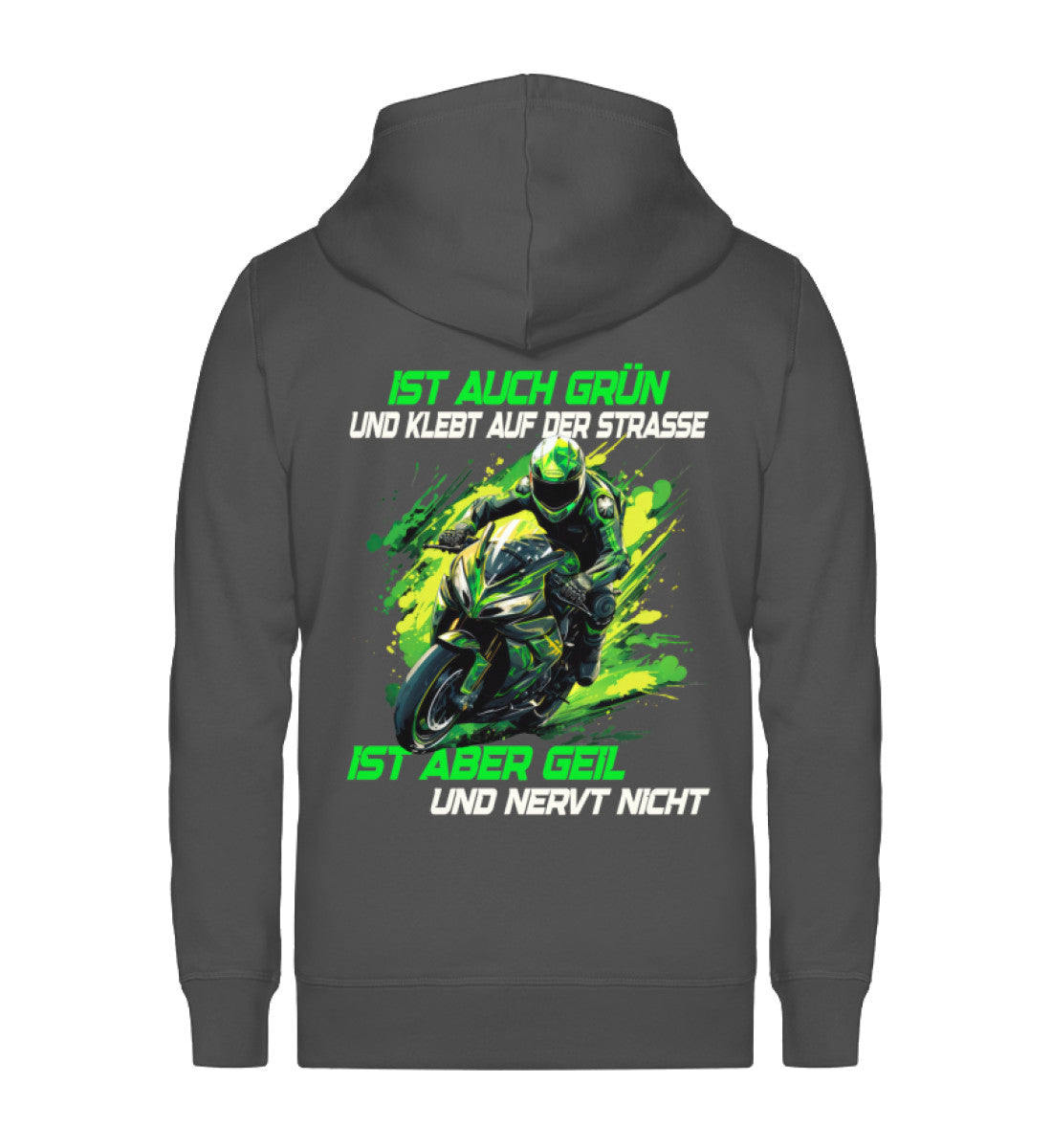Eine Reißverschluss-Jacke für Motorradfahrer von Wingbikers mit dem Aufdruck, Ist auch grün und klebt auf der Straße, ist aber geil und nervt nicht, in dunkelgrau.