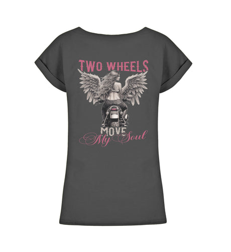 Ein T-Shirt für Motorradfahrerinnen von Wingbikers mit dem Aufdruck, Two Wheels Move My Soul, leger geschnitten, in schwarz.