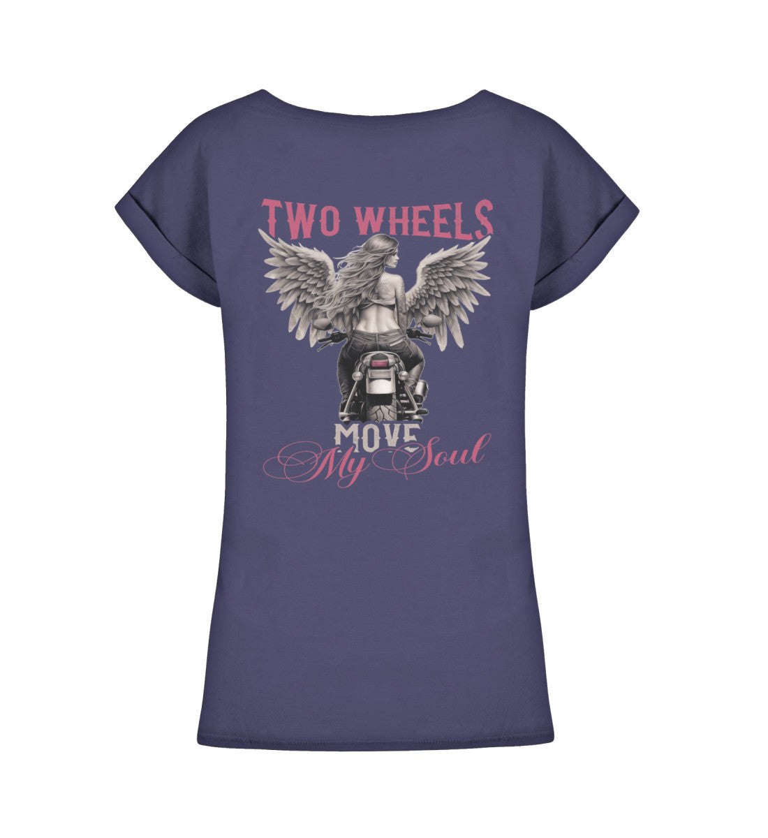 Ein T-Shirt für Motorradfahrerinnen von Wingbikers mit dem Aufdruck, Two Wheels Move My Soul, leger geschnitten, in navy blau.