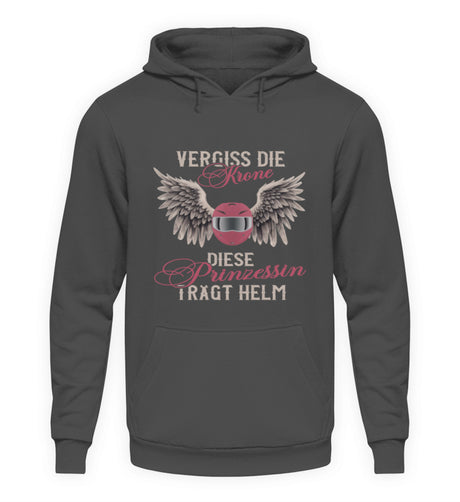 Ein Motorrad Hoodie für Frauen von Wingbikers mit dem Aufdruck, Vergiss die Krone - Diese Prinzessin trägt Helm, in grau.
