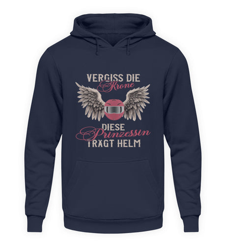 Ein Motorrad Hoodie für Frauen von Wingbikers mit dem Aufdruck, Vergiss die Krone - Diese Prinzessin trägt Helm, in navy.