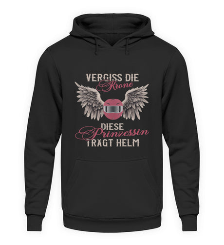 Ein Motorrad Hoodie für Frauen von Wingbikers mit dem Aufdruck, Vergiss die Krone - Diese Prinzessin trägt Helm, in schwarz.