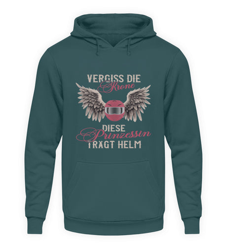 Ein Motorrad Hoodie für Frauen von Wingbikers mit dem Aufdruck, Vergiss die Krone - Diese Prinzessin trägt Helm, in türkis.