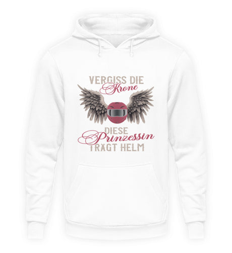 Ein Motorrad Hoodie für Frauen von Wingbikers mit dem Aufdruck, Vergiss die Krone - Diese Prinzessin trägt Helm, in weiß.