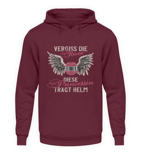 Ein Motorrad Hoodie für Frauen von Wingbikers mit dem Aufdruck, Vergiss die Krone - Diese Prinzessin trägt Helm, in weinrot.