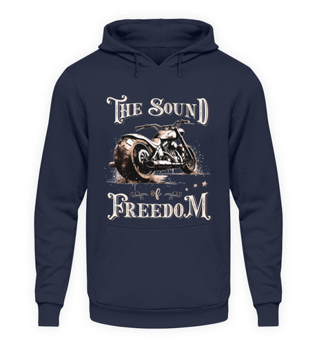 Ein Biker Hoodie für Motorradfahrer von Wingbikers mit dem Aufdruck, The Sound of Freedom, in navy blau.