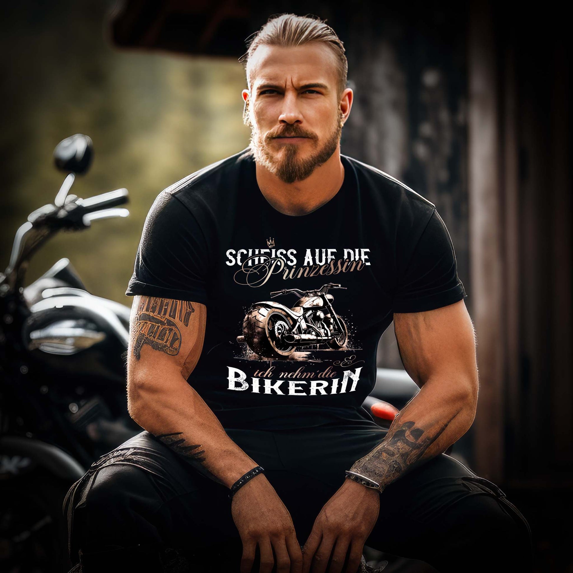Ein Biker mit einem T-Shirt für Motorradfahrer von Wingbikers mit dem Aufdruck, Scheiß auf die Prinzessin - Ich nehm´ die Bikerin - in schwarz.