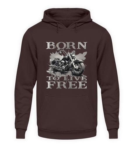 Ein Biker Hoodie für Motorradfahrer von Wingbikers mit dem Aufdruck,  Born to Live Free, in braun. 