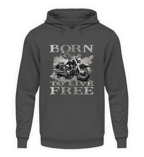 Ein Biker Hoodie für Motorradfahrer von Wingbikers mit dem Aufdruck,  Born to Live Free, in dunkelgrau. 