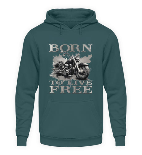 Ein Biker Hoodie für Motorradfahrer von Wingbikers mit dem Aufdruck,  Born to Live Free, in petrol türkis. 