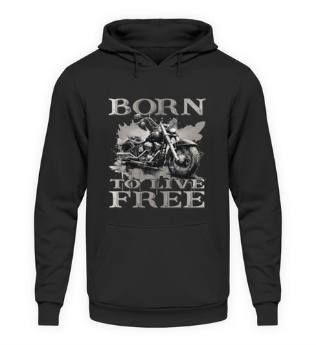 Ein Biker Hoodie für Motorradfahrer von Wingbikers mit dem Aufdruck,  Born to Live Free, in schwarz.  