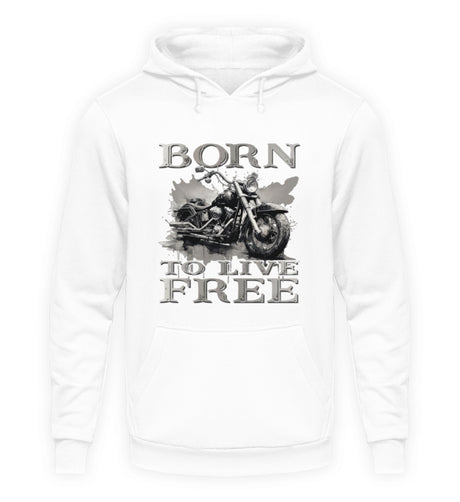 Ein Biker Hoodie für Motorradfahrer von Wingbikers mit dem Aufdruck,  Born to Live Free, in weiß. 