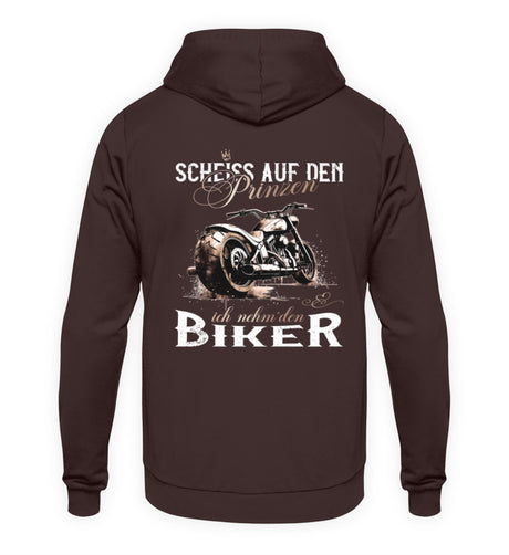 Ein Motorrad Hoodie für Frauen von Wingbikers mit dem Aufdruck, Scheiß auf den Prinzen, ich nehm' den Biker - mit Back Print, in braun.