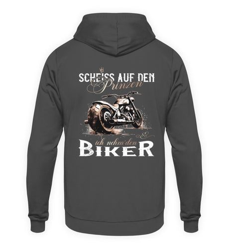 Ein Motorrad Hoodie für Frauen von Wingbikers mit dem Aufdruck, Scheiß auf den Prinzen, ich nehm' den Biker - mit Back Print, in dunkelgrau.