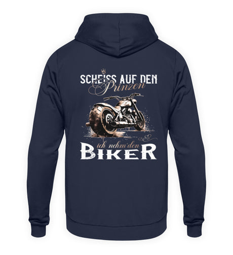 Ein Motorrad Hoodie für Frauen von Wingbikers mit dem Aufdruck, Scheiß auf den Prinzen, ich nehm' den Biker - mit Back Print, in navy.