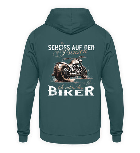Ein Motorrad Hoodie für Frauen von Wingbikers mit dem Aufdruck, Scheiß auf den Prinzen, ich nehm' den Biker - mit Back Print, in petrol türkis.