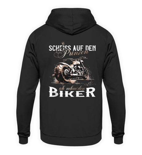 Ein Motorrad Hoodie für Frauen von Wingbikers mit dem Aufdruck, Scheiß auf den Prinzen, ich nehm' den Biker - mit Back Print, in schwarz.