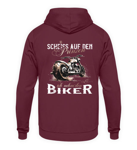 Ein Motorrad Hoodie für Frauen von Wingbikers mit dem Aufdruck, Scheiß auf den Prinzen, ich nehm' den Biker - mit Back Print, in weinrot.