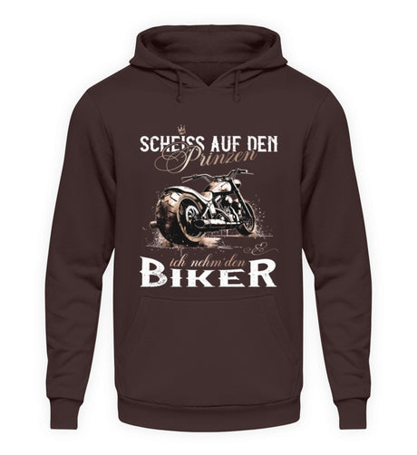 Ein Motorrad Hoodie für Frauen von Wingbikers mit dem Aufdruck, Scheiß auf den Prinzen, ich nehm' den Biker, in braun.