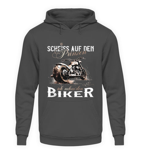 Ein Motorrad Hoodie für Frauen von Wingbikers mit dem Aufdruck, Scheiß auf den Prinzen, ich nehm' den Biker, in grau.