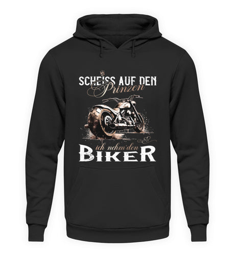 Ein Motorrad Hoodie für Frauen von Wingbikers mit dem Aufdruck, Scheiß auf den Prinzen, ich nehm' den Biker, in schwarz.