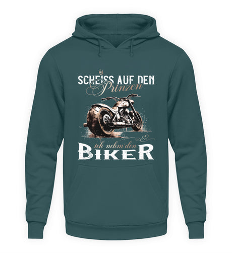 Ein Motorrad Hoodie für Frauen von Wingbikers mit dem Aufdruck, Scheiß auf den Prinzen, ich nehm' den Biker, in türkis.